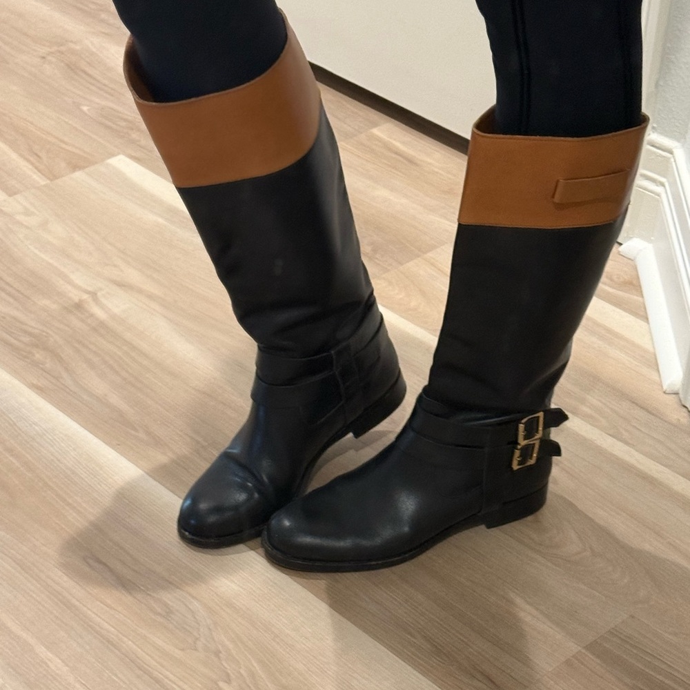 Rachel ZOE Size 9 Black Leather GRAYSON Buckle Detail Knee High Riding Boots